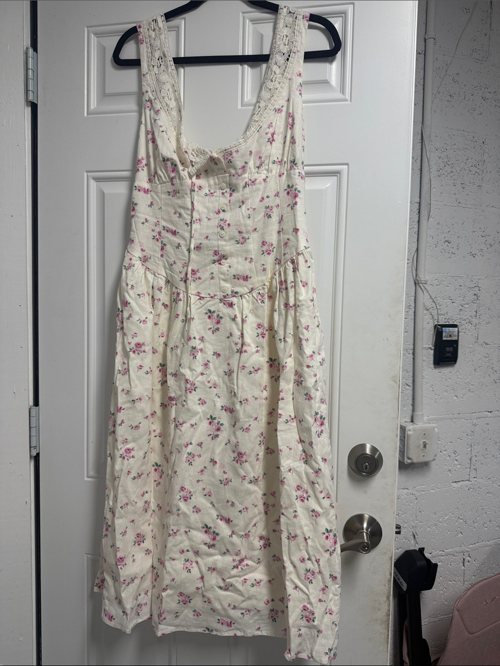 Floral Lace-Trim Cream Sundress NWOT Pink Rose Print Size Medium